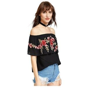 Rose Embroidered Off the Shoulder Ruffle Top!